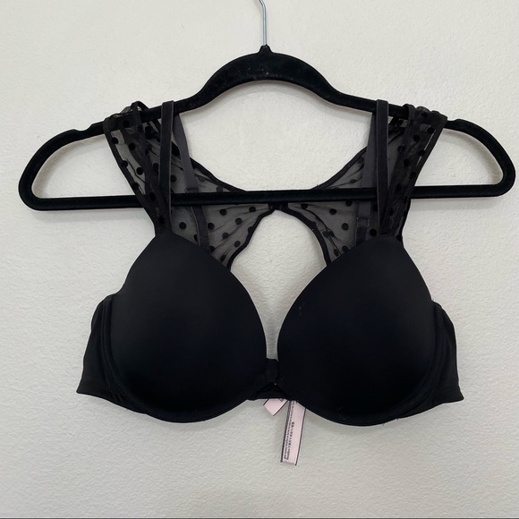 Victoria's Secret Other - Victoria’s Secret black padded plunge polka dot mesh bra womens sz.36C